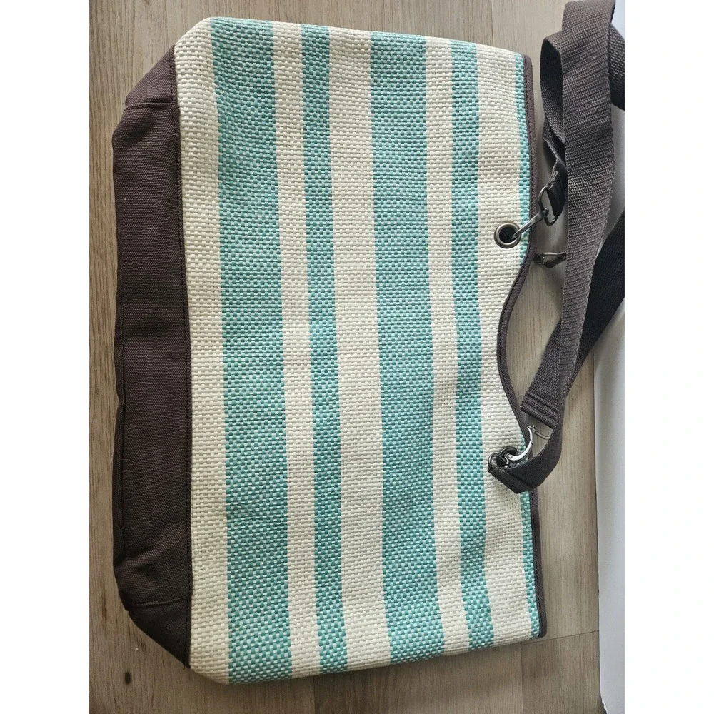 Thirty-One Canvas Crew Tote Bag Straw Turquoise Striped Beach Shoulder Purse